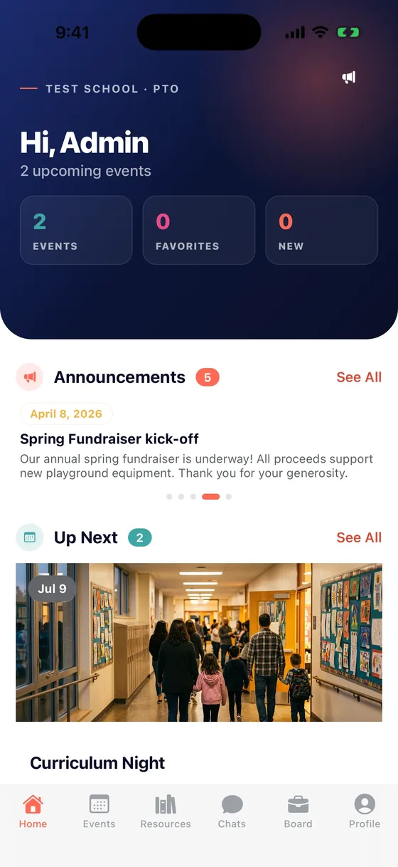 The PTO App home dashboard showing upcoming events and announcements.