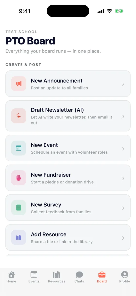 The PTO App board hub with quick actions to post announcements, events, and fundraisers.
