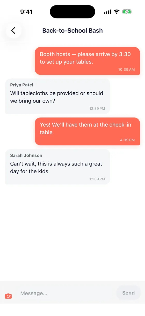 The real-time chat for a Back-to-School Bash, where organizers answer parents’ questions about the event.