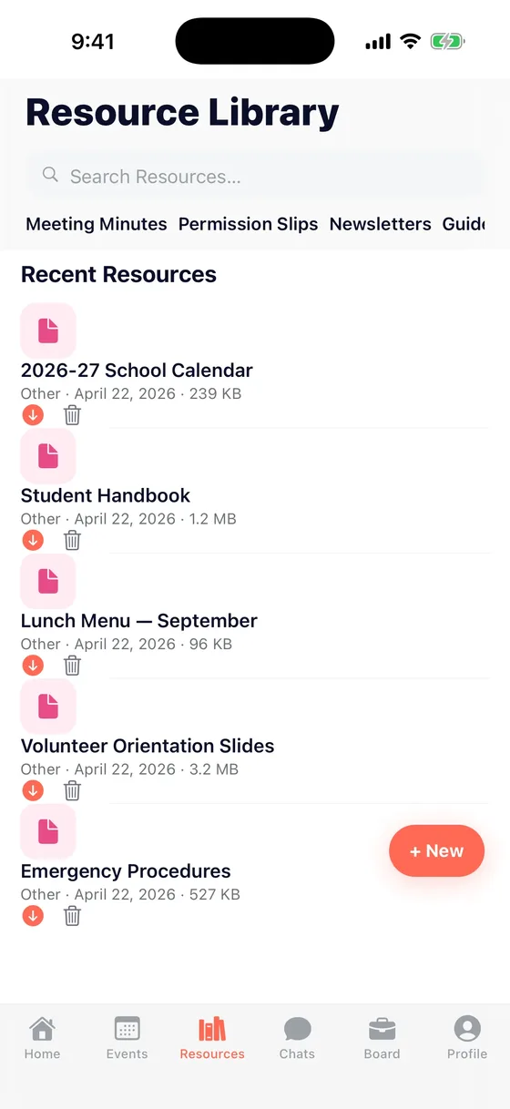 The resource library listing the school calendar, student handbook, and other files families can download.