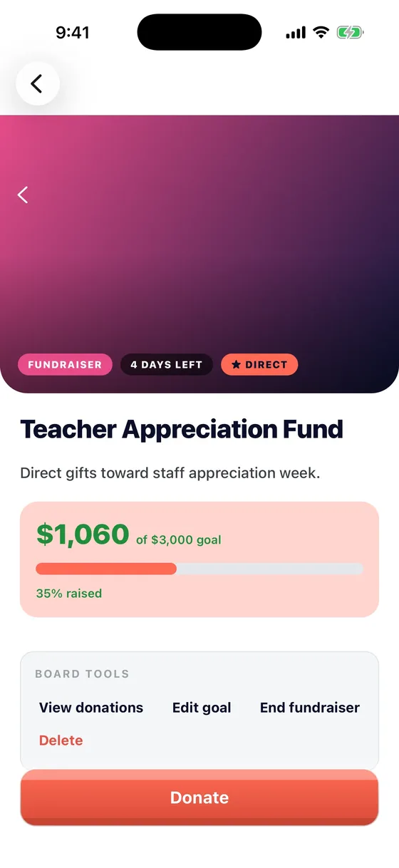 A PTO App fundraiser reaching its goal with a live donation progress bar.